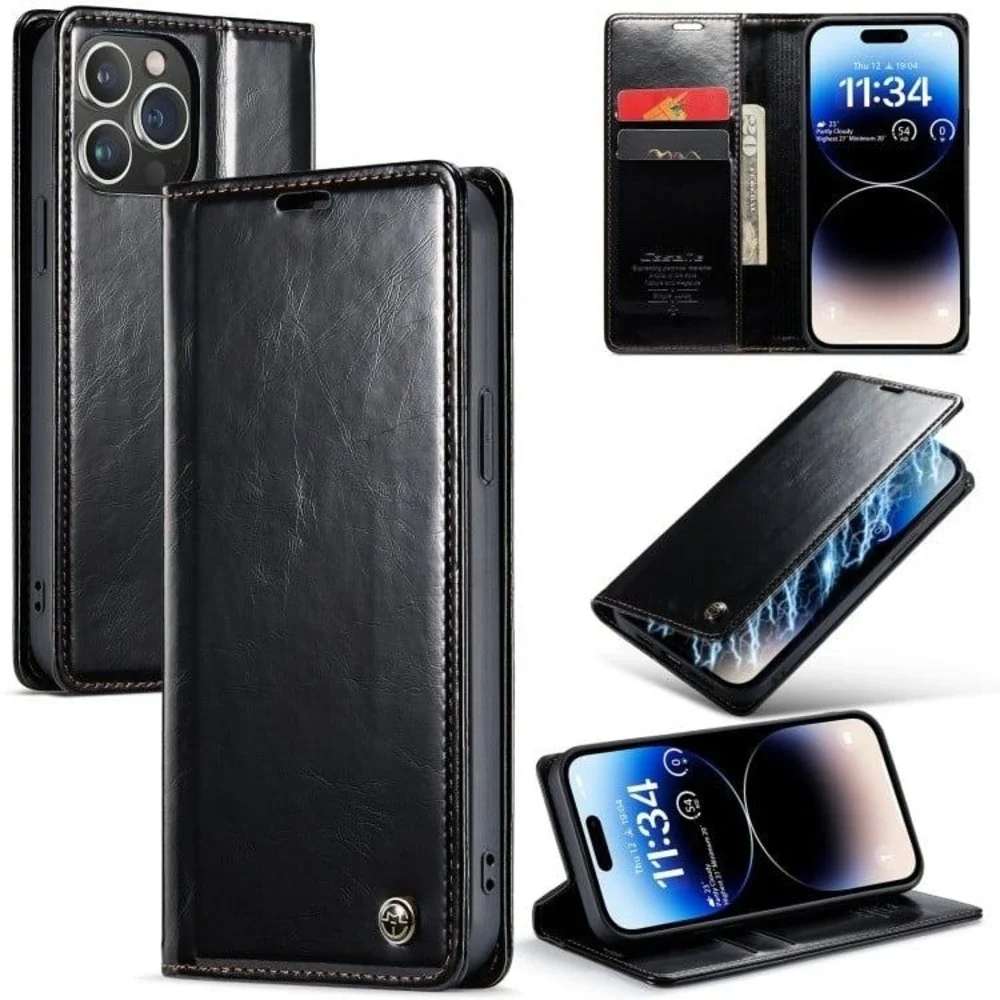 CaseMe Black iPhone 15 Pro Max Soft PU Leather Flip Wallet Case with 2 Credit Ca